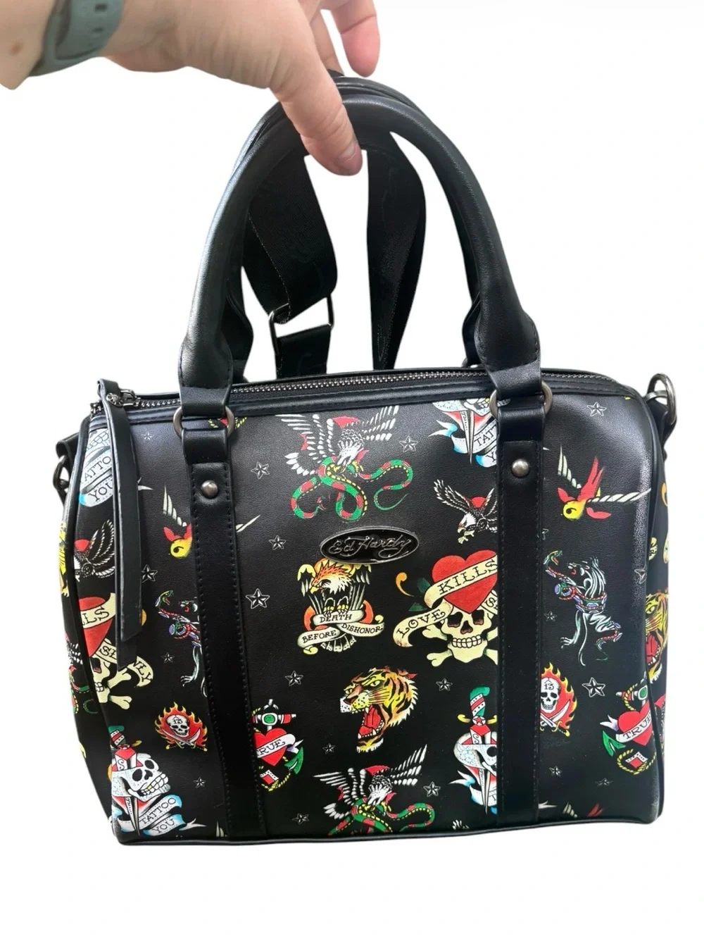 Ed Hardy Black Tattoo Flash Print Satchel Crossbody Bag Street Style Whimsygoth